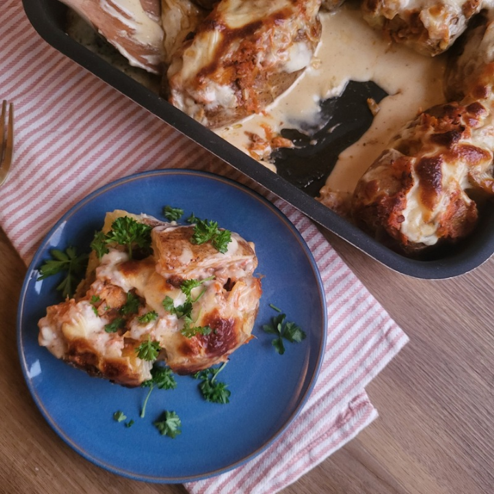 Fyldte bagekartofler - lasagne inspireret
