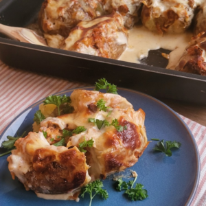 Fyldte bagekartofler - lasagne inspireret